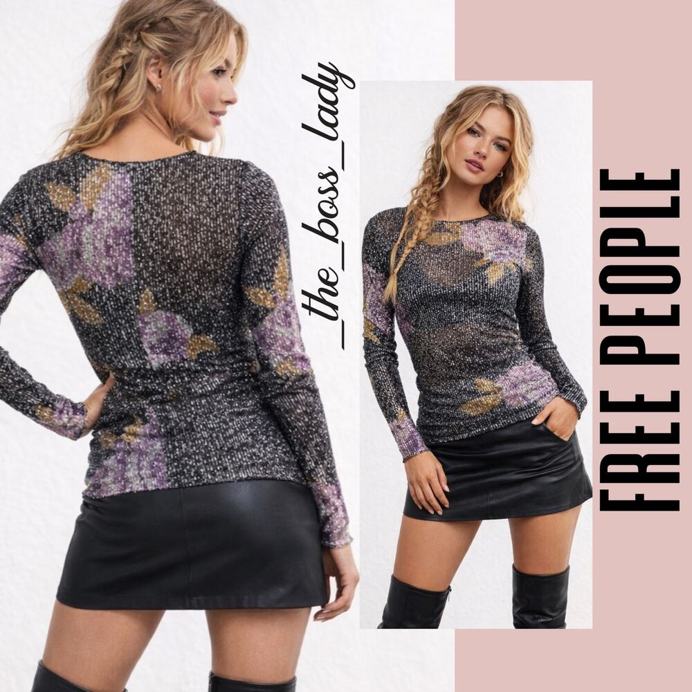 Free People floral top sequin mesh long sleeve XS